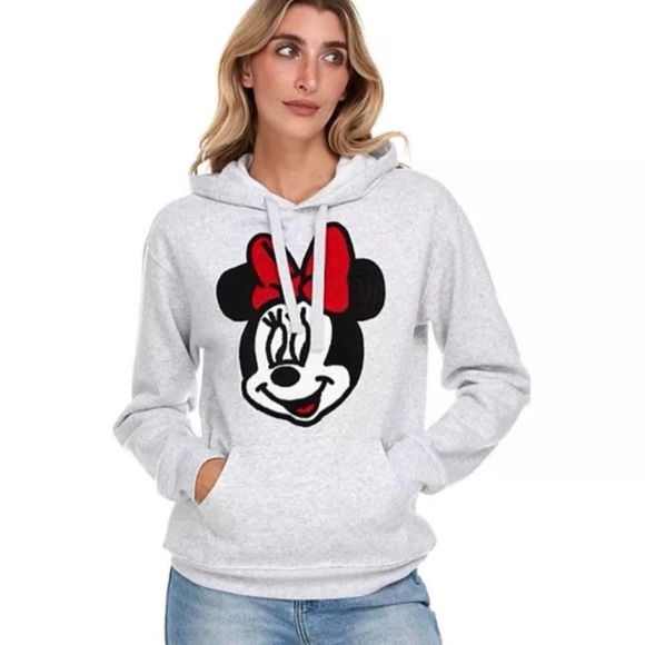 Disney Tops - Disney • Heather Gray Minnie Mouse Embroidered Face Hooded Sweatshirt Size XL